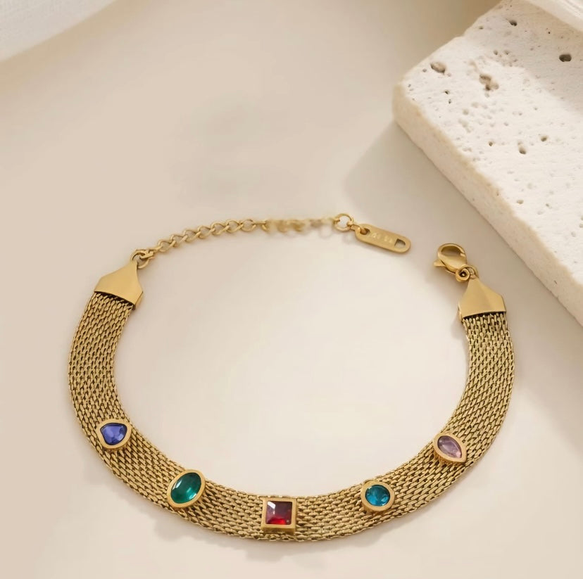 Gold Mesh Chain Bracelet with Five Gemstones