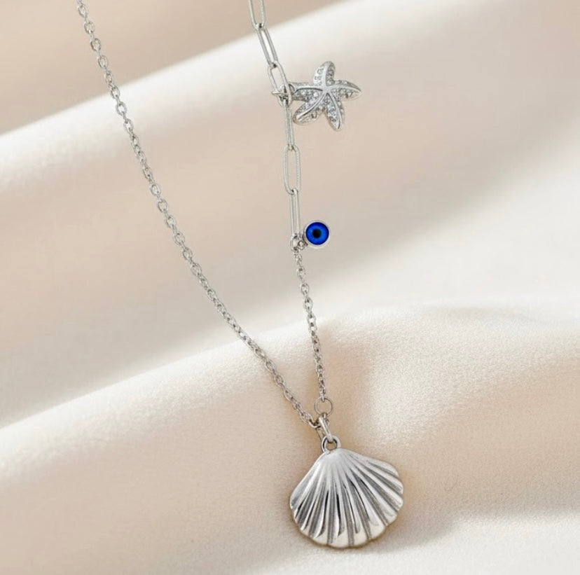 Silver Shell and Starfish Pendant Necklace