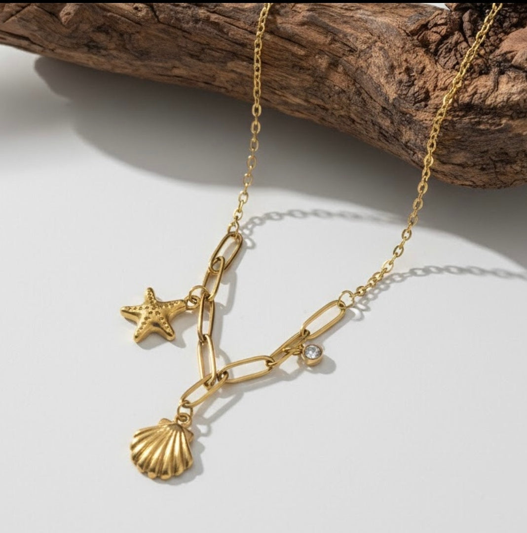 Gold Shell and Starfish Pendant Necklace