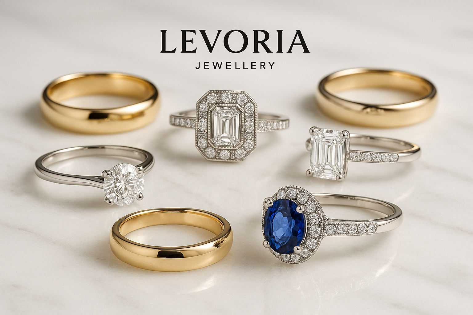 Ring collection for my store Levoria Jewellery. Make it professional realistic and in 8k quality 